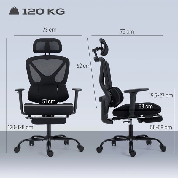 Ergonomisk kontorstol - Sort Meshstof med Lændestøtte, Justerbar, Fodstøtte