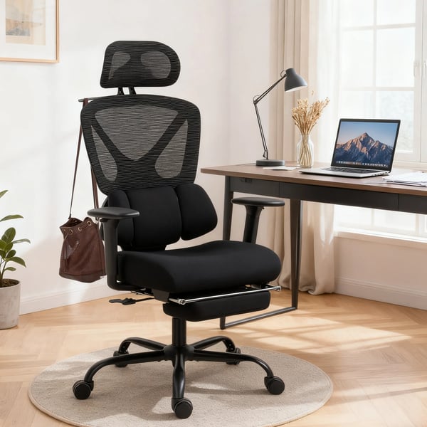 Ergonomisk kontorstol - Sort Meshstof med Lændestøtte, Justerbar, Fodstøtte