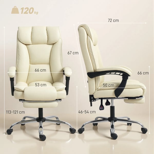 Ergonomisk kontorstol med fodstøtte, kunstlæder og træmateriale, beige