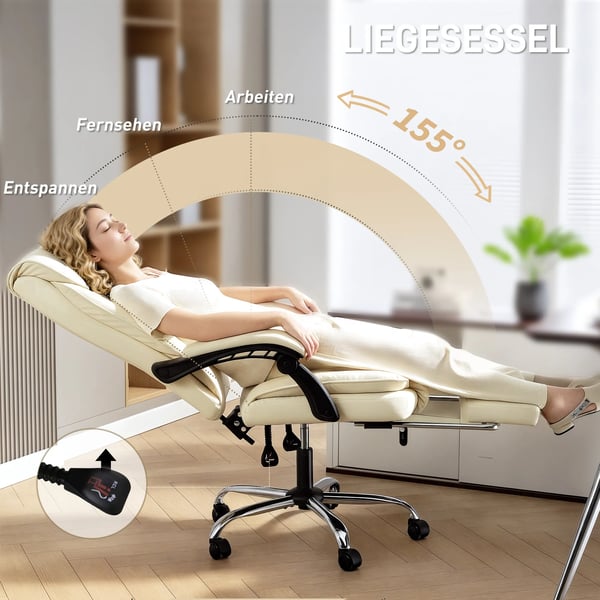 Ergonomisk kontorstol med fodstøtte, kunstlæder og træmateriale, beige