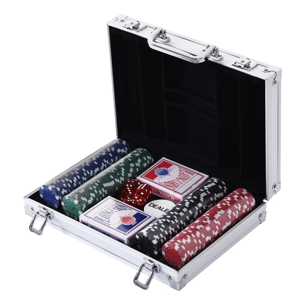 pokerkuffert, 200 pokerchips, 2 sæt spillekort, 5 terninger, aluminiumskuffert, polystyren, 29,5x20,5x6,5 cm, til spilleaftener