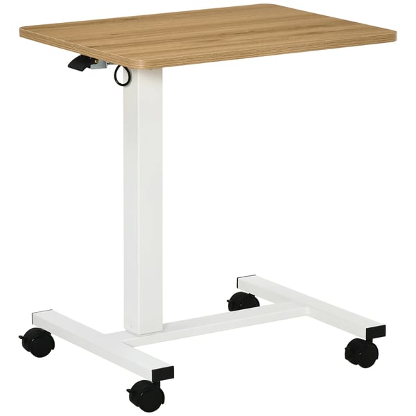 Justerbart Sidobord med hjul, C-form, Laptopbord för soffa/säng, Natur/Vit, 70-110 cm