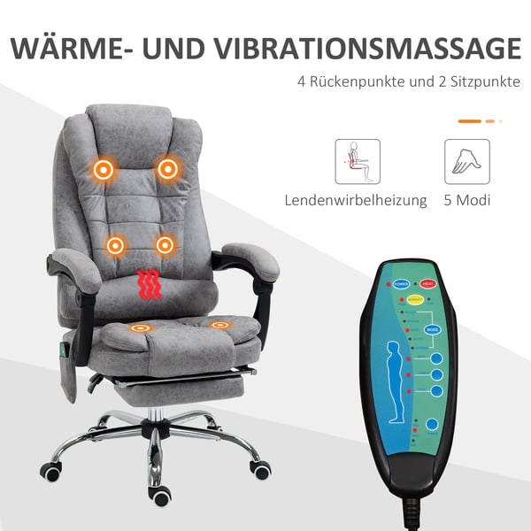 kontorsstol med massagefunktion, ergonomisk skrivbordsstol med ligg- och värmefunktion, fjärrkontroll, grå
