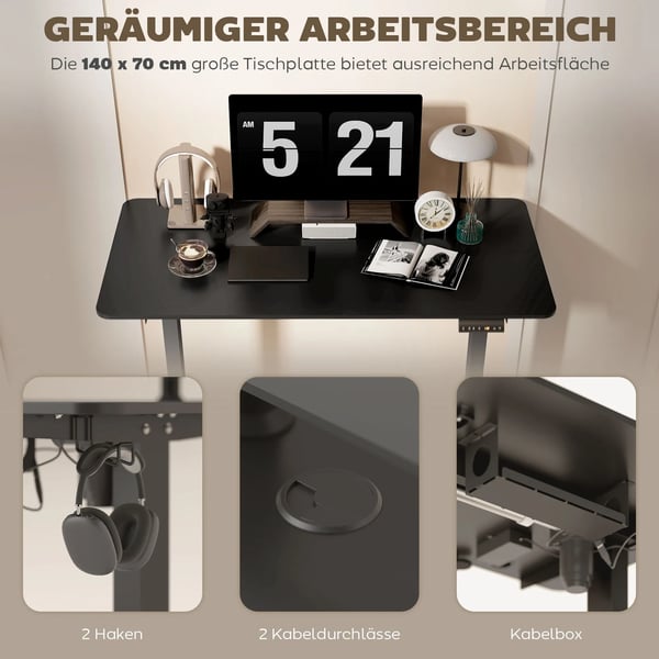 Elektrisk Hæve-/Sænkebord, Højdejusterbar, 72-116 cm, Schwarz, Holzwerkstoff/Legierter Stahl, 149.5 x 44 x 21 cm