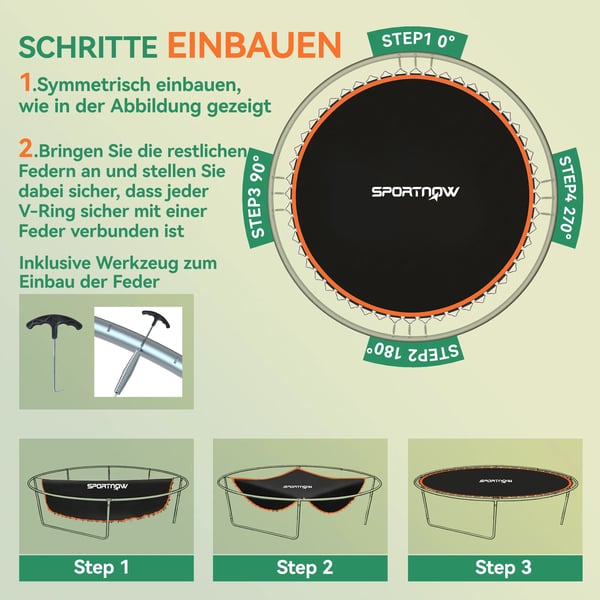 Soozier trampolinspringmåtte, Ø323 cm, orange, 120 kg max belastning, til 3,66 m trampolin inkl. fjederinstallationsværktøj