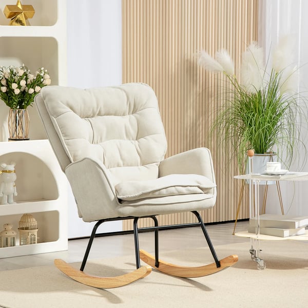 Gyngestol beige chenille, hyggelig lænestol med armlæn, 120kg