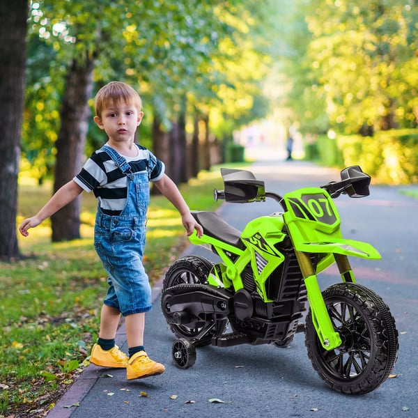 Elmotorcykel för barn, grön, 6V, med stödhjul och ljudeffekter