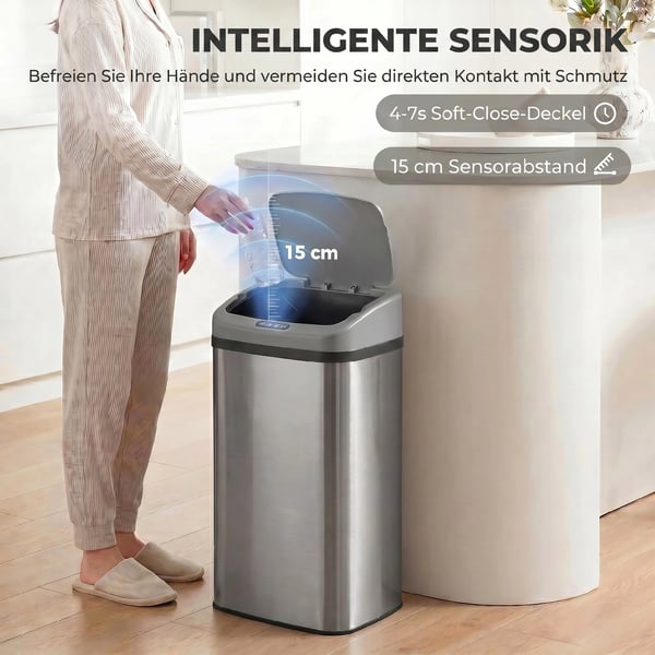 48L Automaattinen Sensor-roskakori, Ruostumaton Teräs, Hopea - Kosketukseton Keittiöön/Toimistoon