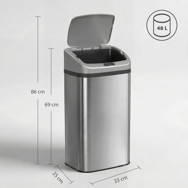 48L Automaattinen Sensor-roskakori, Ruostumaton Teräs, Hopea - Kosketukseton Keittiöön/Toimistoon