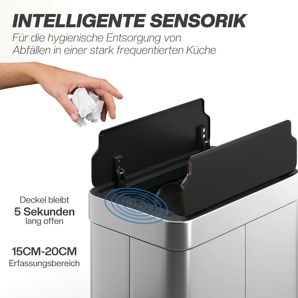 sensor-roskakori 55L, automaattinen perhoskansi, ruostumaton teräs, hopea