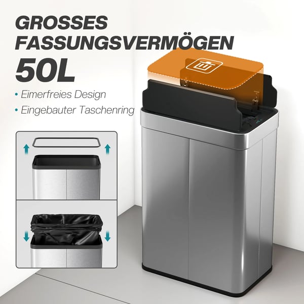 sensor-roskakori 55L, automaattinen perhoskansi, ruostumaton teräs, hopea
