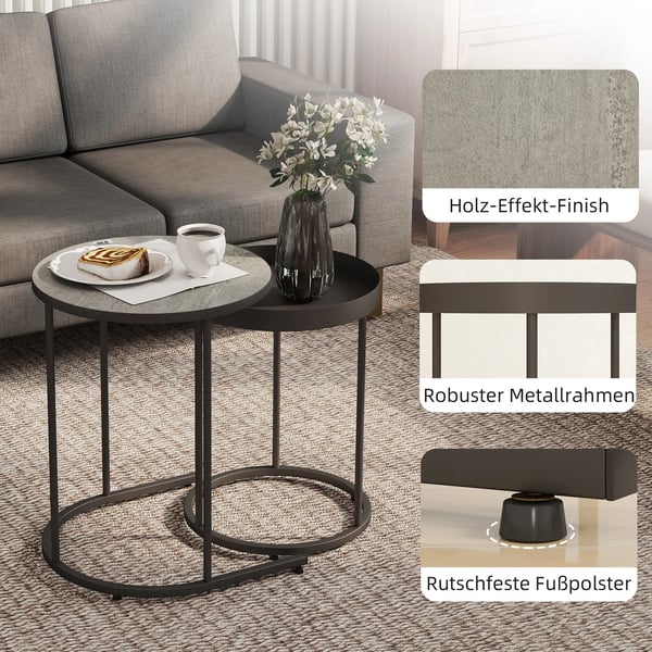 Set med 2 soffbord, stapelbara, brickdesign, metall, grå