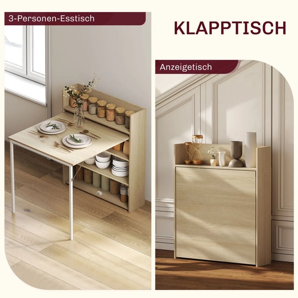 Foldbart spisebord med hylde, industrielt design, eg, 78,5 x 91 x 93 cm