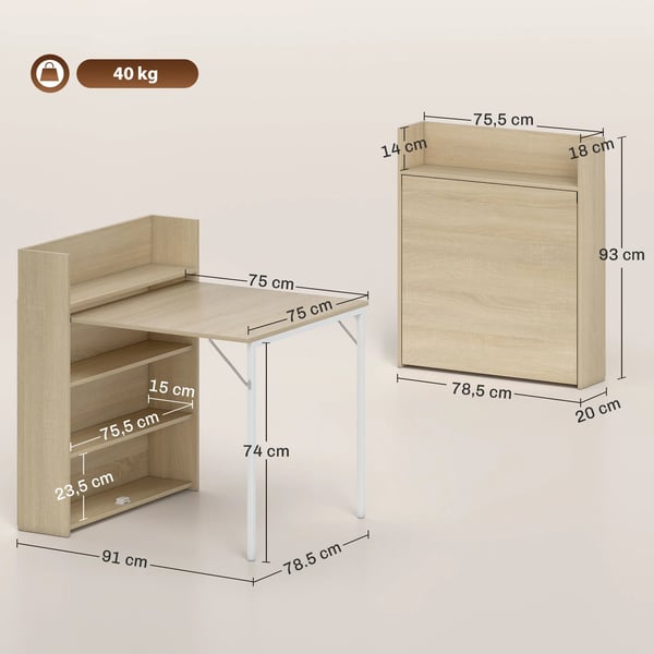 Foldbart spisebord med hylde, industrielt design, eg, 78,5 x 91 x 93 cm