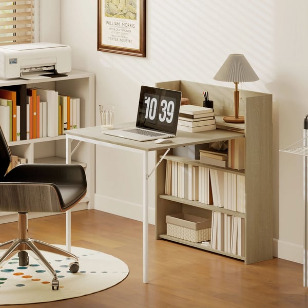 Foldbart spisebord med hylde, industrielt design, eg, 78,5 x 91 x 93 cm