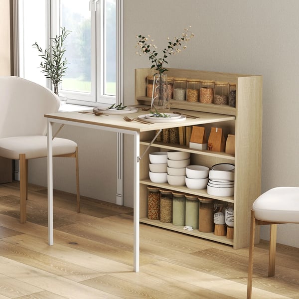 Foldbart spisebord med hylde, industrielt design, eg, 78,5 x 91 x 93 cm