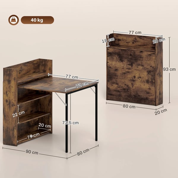 Foldbart spisebord med hylde, Industriel design, Pladsbesparende, Til små rum, 80x90x93cm, Rustik brun