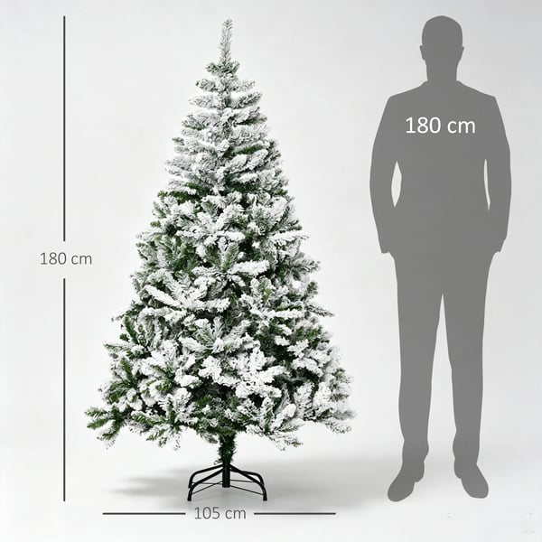 Tekojoulukuusi, 180 cm tekolumella, 750 oksakärkeä, kokoontaitettava jalusta, jouluksi, sisätiloihin, vihreä+valkoinen | Aosom