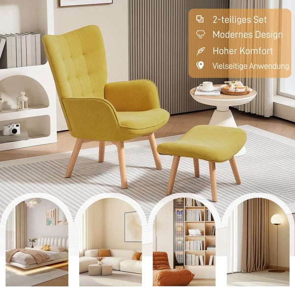 öronlappsfåtölj med fotpall, relaxfåtölj, stoppad fåtölj i manchesterlook, loungestol, armstol med träben, tv-fåtölj för vardagsrum, orange