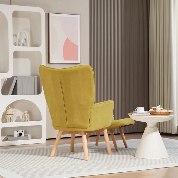 öronlappsfåtölj med fotpall, relaxfåtölj, stoppad fåtölj i manchesterlook, loungestol, armstol med träben, tv-fåtölj för vardagsrum, orange