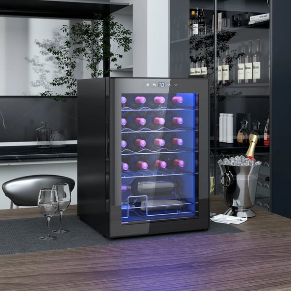 Vinkyl 20 flaskor, 53L Dryckeskyl med Kompressor och Anti-UV-glasdörr, LED, Pekskärm, Svart, Metall