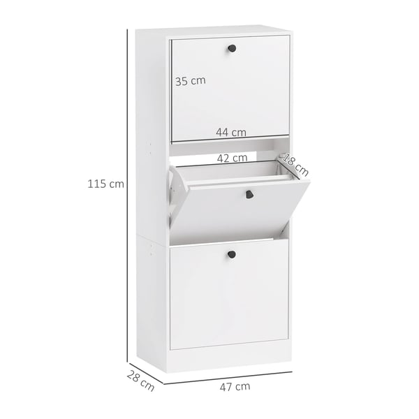 skoskab med 3 klapper, skotilt, skoreol med justerbar skillevæg, smalt skomøbel til 12 par sko, 47 x 28 x 115 cm, hvid
