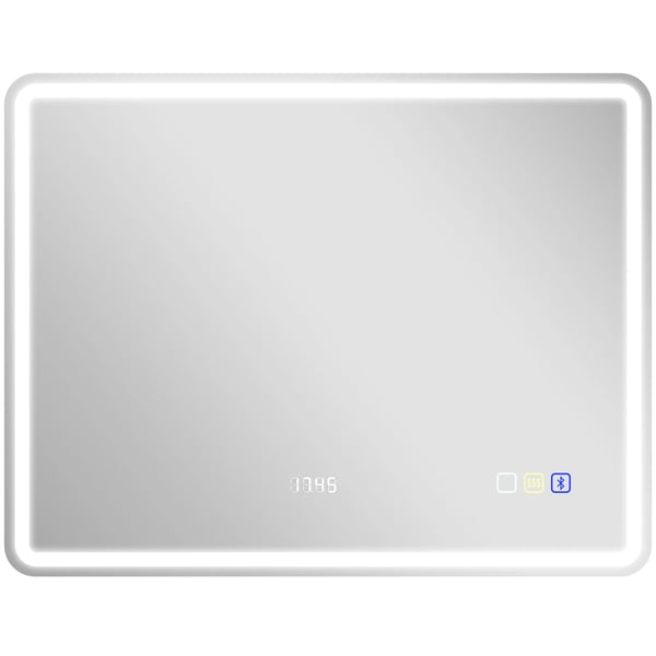 Badeværelsesspejl 70x90 cm, LED-spejl med Bluetooth, Ur, Dugfrit, Hærdet Glas, Sølv