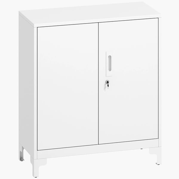 Metallkontorsskåp, låsbart förvaringsskåp, 2-hyllors design, vitt