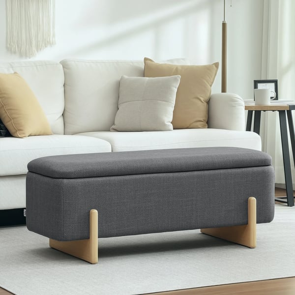 puf med opbevaring, bænk med skumpolstring, hør-look, 111 x 44 x 44,5 cm, mørkegrå