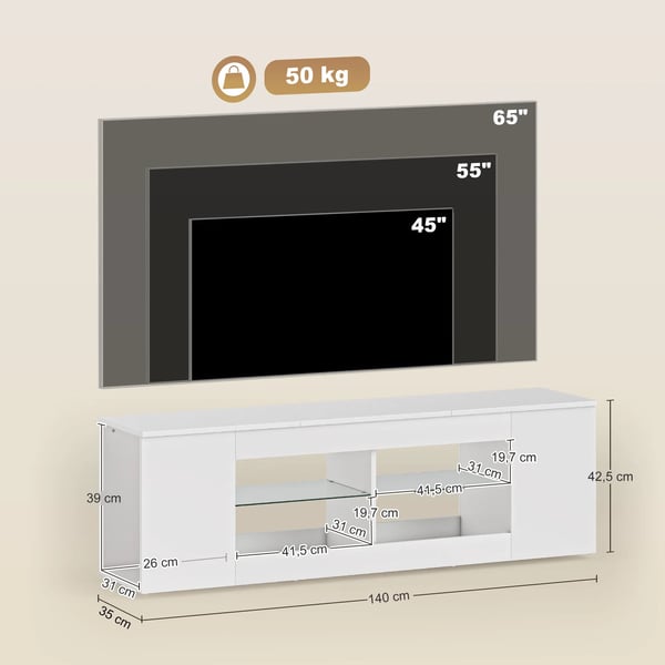 140 cm TV-bänk, TV-möbel, 6 fack, 2 glashyllor, spånskiva, vit