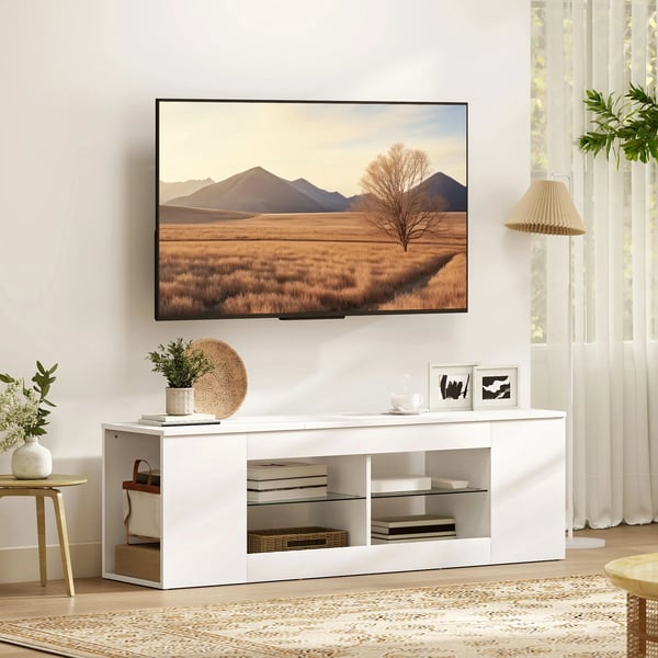 140 cm TV-bänk, TV-möbel, 6 fack, 2 glashyllor, spånskiva, vit
