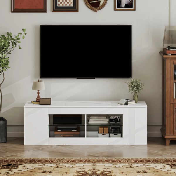 140 cm TV-bänk, TV-möbel, 6 fack, 2 glashyllor, spånskiva, vit