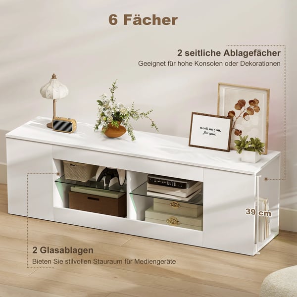 140 cm TV-bänk, TV-möbel, 6 fack, 2 glashyllor, spånskiva, vit