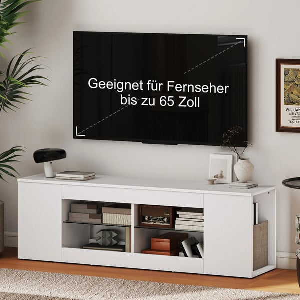 140 cm TV-bänk, TV-möbel, 6 fack, 2 glashyllor, spånskiva, vit