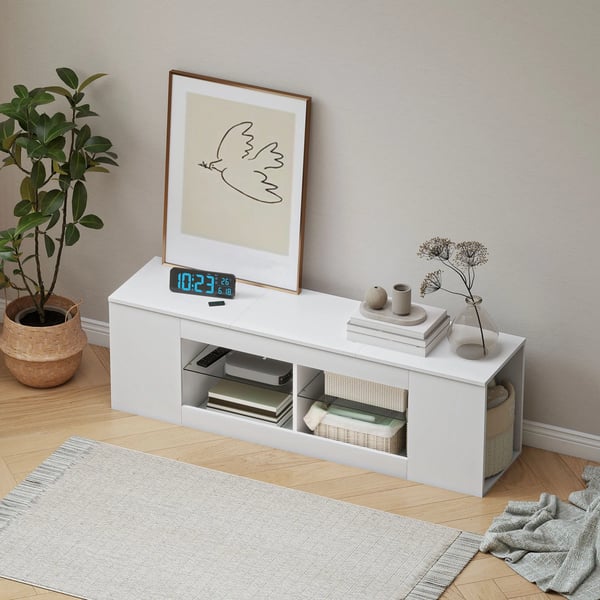 140 cm TV-bänk, TV-möbel, 6 fack, 2 glashyllor, spånskiva, vit