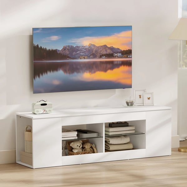 140 cm TV-bänk, TV-möbel, 6 fack, 2 glashyllor, spånskiva, vit