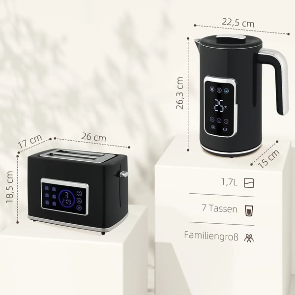 Kedel og Brødrister-sæt, LED-touchskærm, 1,7 L, 6-trins bruning, Rustfrit stål/Plastik, Sort