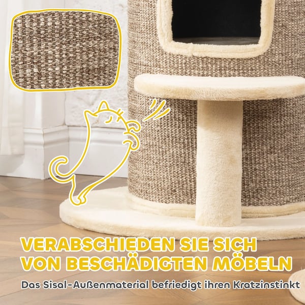 Klösträd för katter med 2 nivåer, klösmattor, utkiksplattform, beige/brun polyester