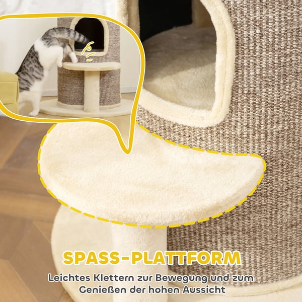 Klösträd för katter med 2 nivåer, klösmattor, utkiksplattform, beige/brun polyester