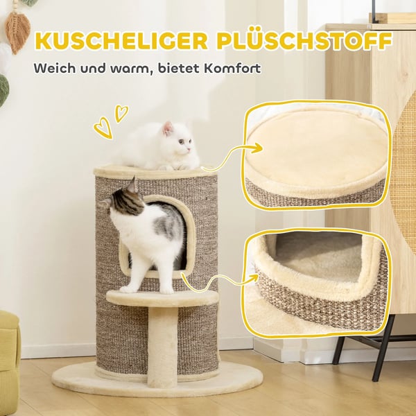 Klösträd för katter med 2 nivåer, klösmattor, utkiksplattform, beige/brun polyester