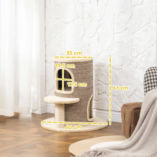 Klösträd för katter med 2 nivåer, klösmattor, utkiksplattform, beige/brun polyester