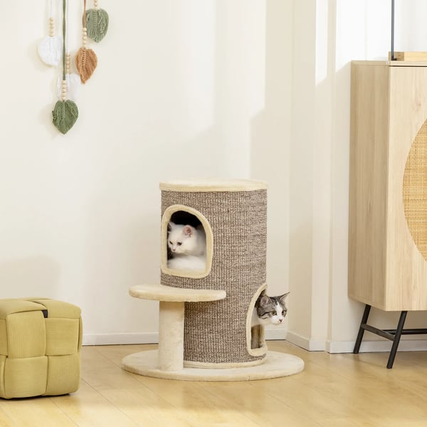 Klösträd för katter med 2 nivåer, klösmattor, utkiksplattform, beige/brun polyester
