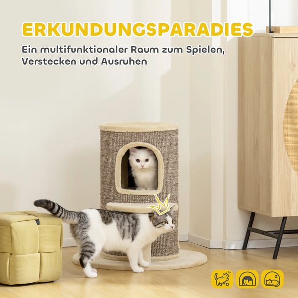 Klösträd för katter med 2 nivåer, klösmattor, utkiksplattform, beige/brun polyester