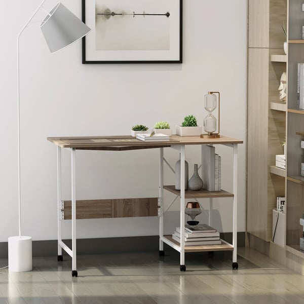Taitettava työpöytä pyörillä, MDF, valkoinen/luonnollinen, 107x55x76cm