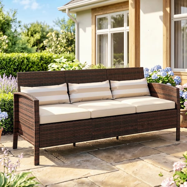 Rattan have-loungesofa, 3-personers med hynder, stål, brun, 173 x 68 x 78 cm