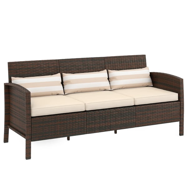 Rattan have-loungesofa, 3-personers med hynder, stål, brun, 173 x 68 x 78 cm