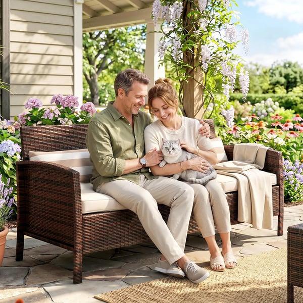 Rattan have-loungesofa, 3-personers med hynder, stål, brun, 173 x 68 x 78 cm