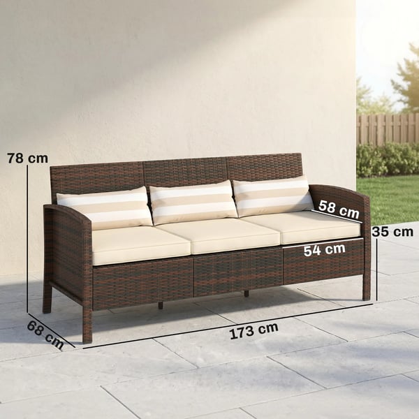 Rattan have-loungesofa, 3-personers med hynder, stål, brun, 173 x 68 x 78 cm