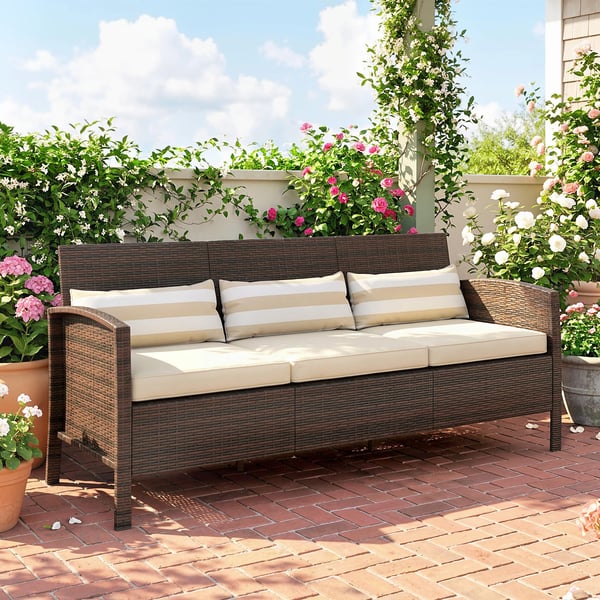 Rattan have-loungesofa, 3-personers med hynder, stål, brun, 173 x 68 x 78 cm