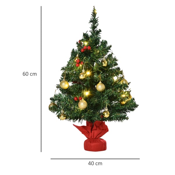 minijoulukuusi pöydälle, 60 cm, vihreä PVC, sementtijalka, LED-valot, marjat ja pallot
